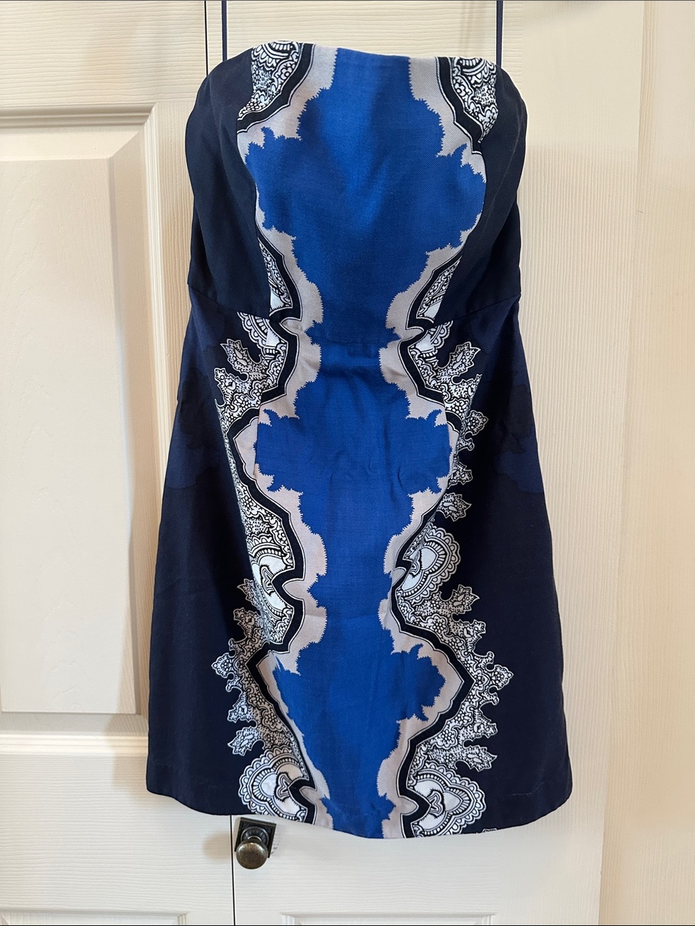 Tibi Strapless Navy and Royal Blue Printed Dress Silk and Wool